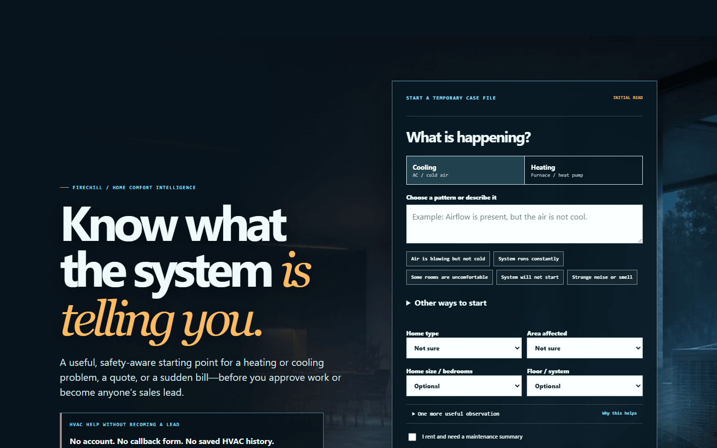 EstimateHVAC homepage with FireChill branding and the guided Case File start experience