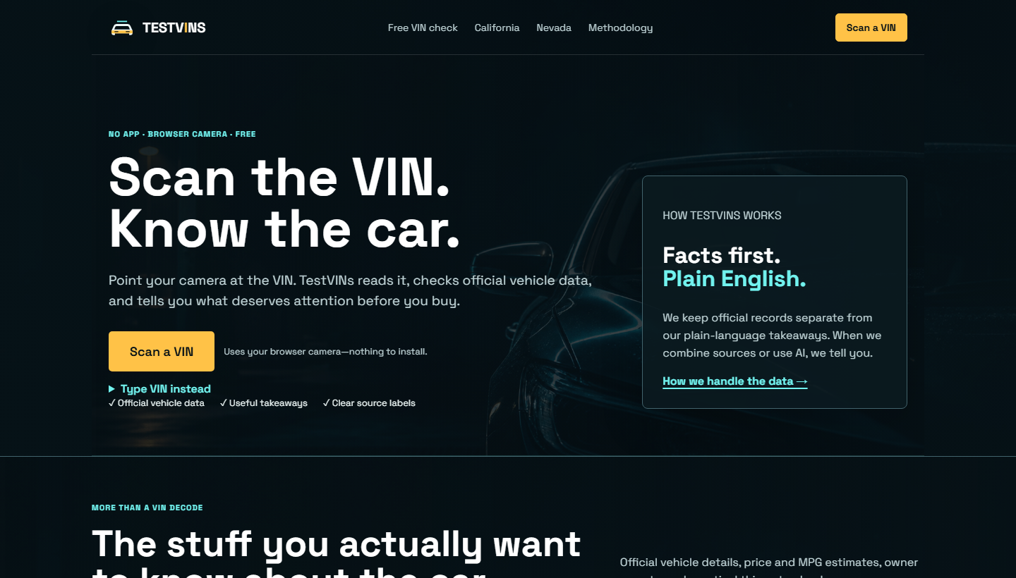 TestVINs homepage showing the Scan the VIN, Know the car vehicle-research interface