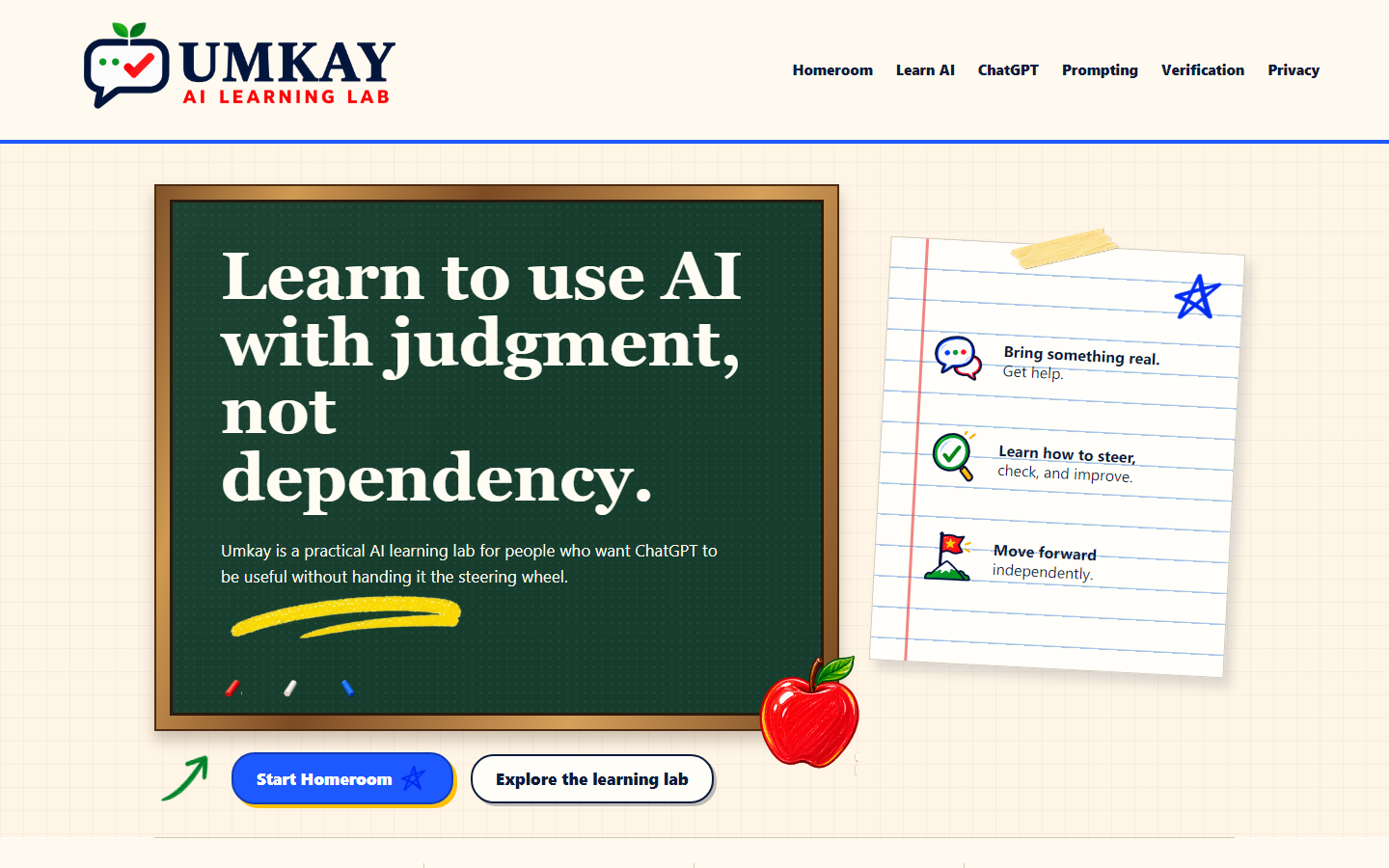 Scaled overview of the Umkay homepage and its classroom-style AI Learning Lab